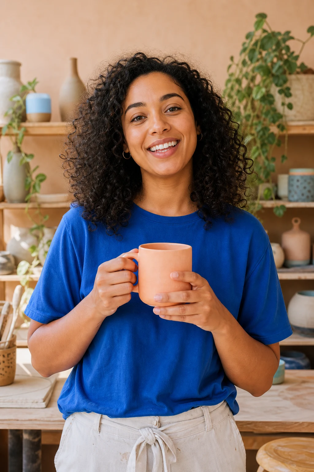 An illustrative creator in a blue shirt holding a ceramic mug in a sunlit studio.